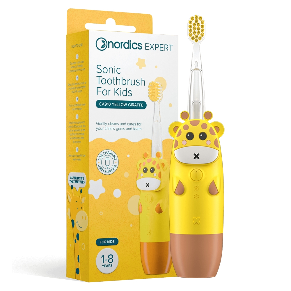 NORDICS - Escova elétrica CA910 (USB), p/ criança (1-8 anos), girafa amarela