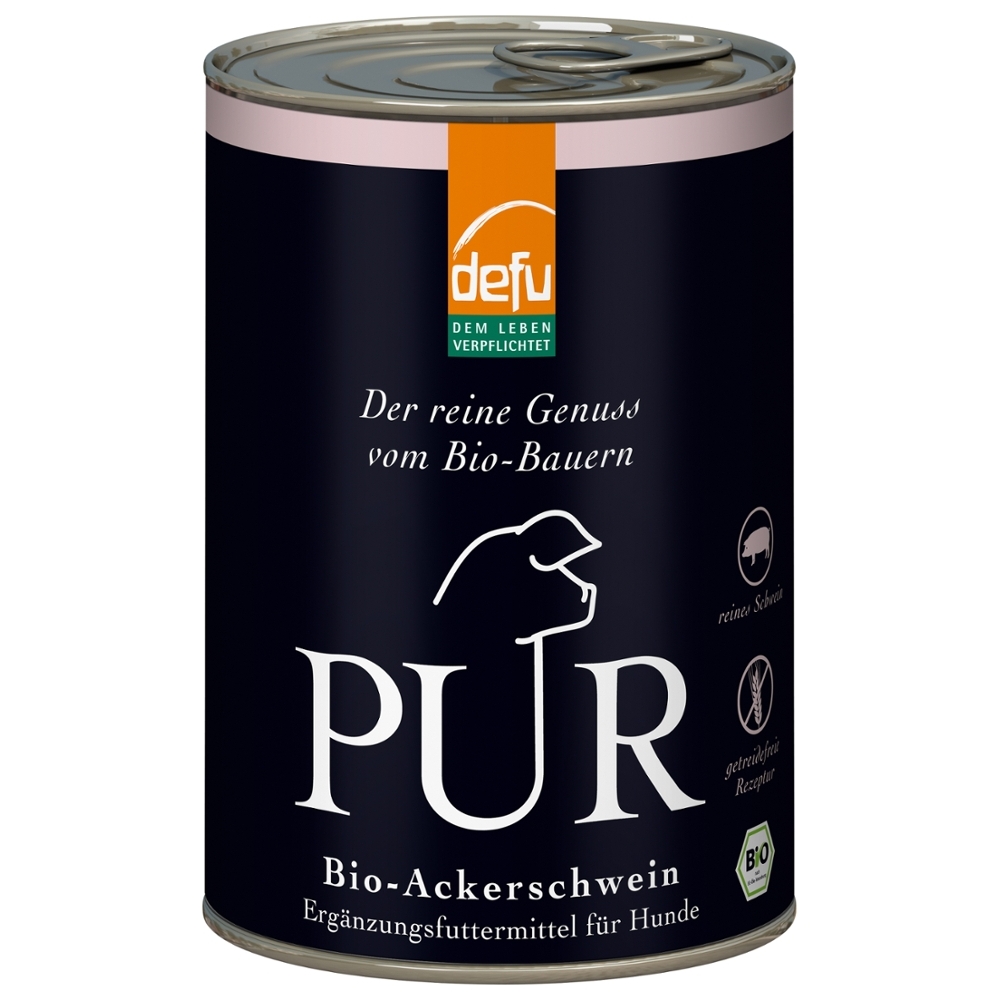 DEFU BIO - Cão adulto, Suplemento húmido Suíno PUR, em lata, 400g