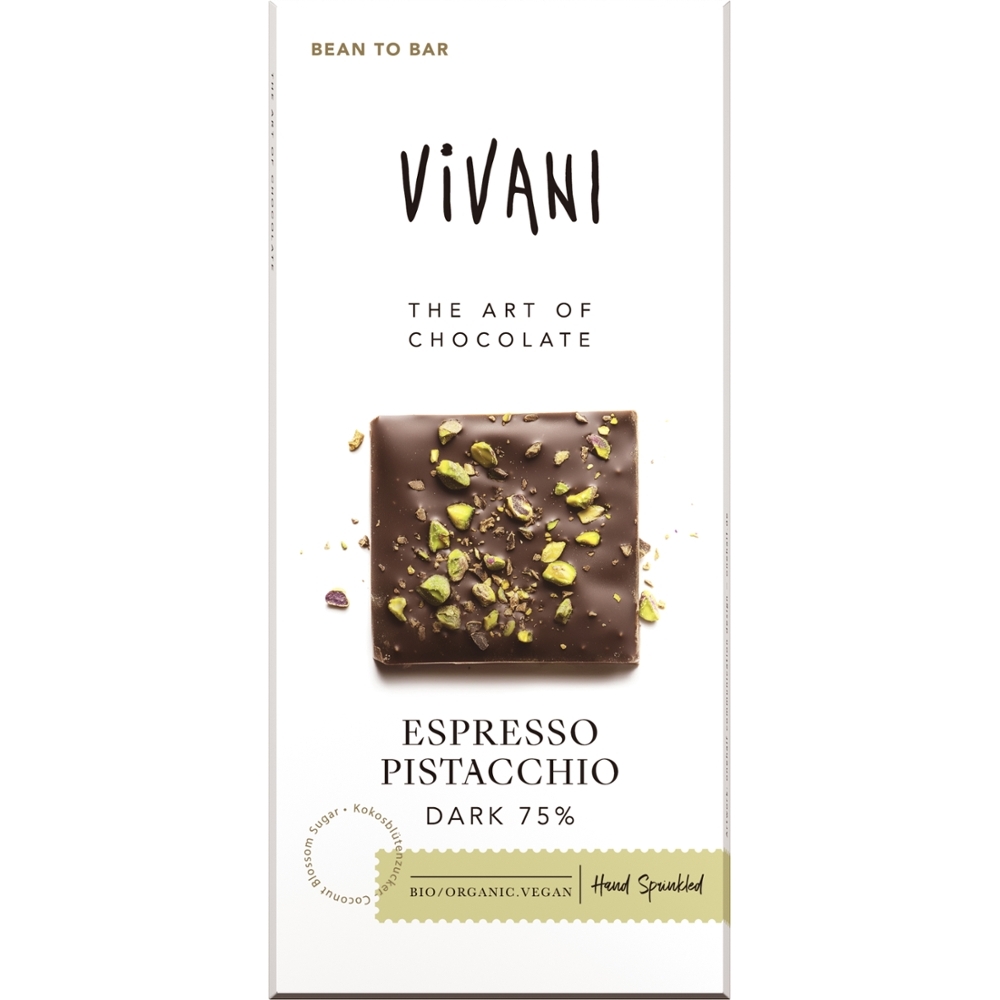 VIVANI - Chocolate BIO - Escuro 75% Cacau c/ Pistáchio e Café Expresso, 80g