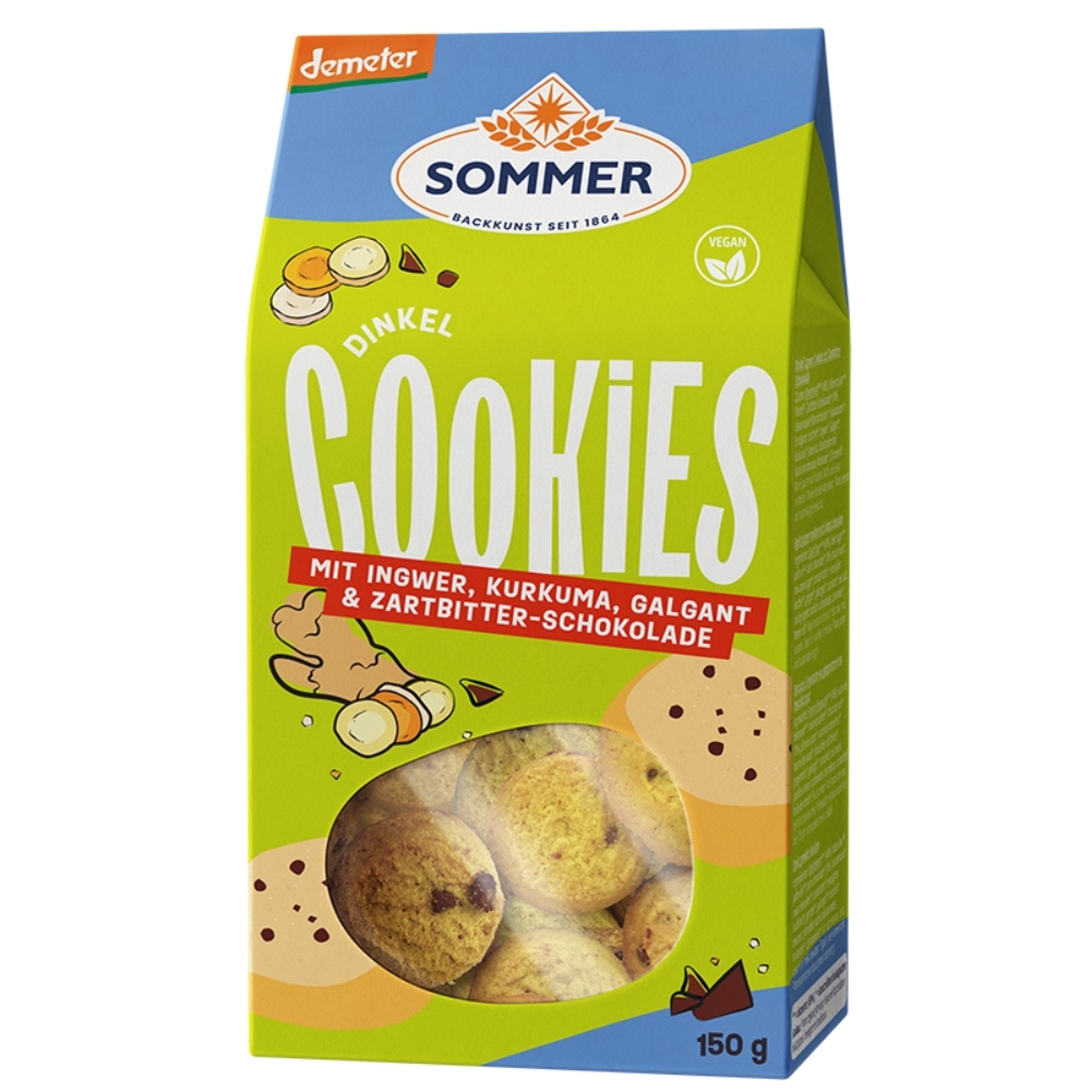 BIO - Bolachas de Espelta com Gengibre, Cúrcuma, Galanga e Chocolate escuro, Vegan, DEMETER, 150g