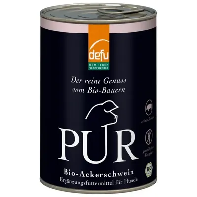 DEFU BIO - Cão adulto, Suplemento húmido Suíno PUR, em lata, 400g