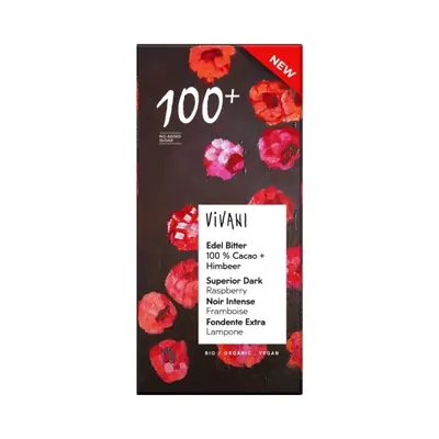 VIVANI - Chocolate BIO  Escuro, 100% Cacau com pedaços de framboesa, 80g